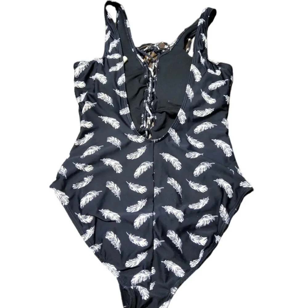 GIANNI Bini One Piece Black Feather Swimsuit Swim Large